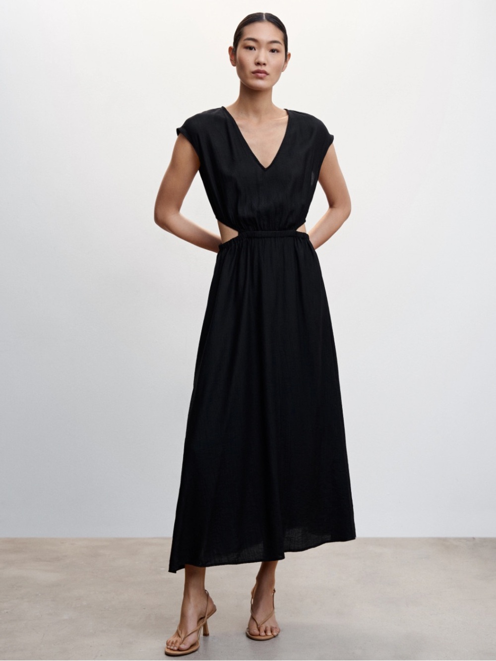 Mango Black V-Neck Maxi Dress with Side Cutouts